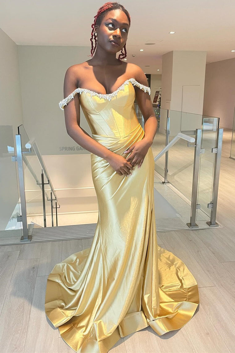 Mermaid Beaded Off the Shoulder yellow Prom Formal Dress with Slit Mychicdress