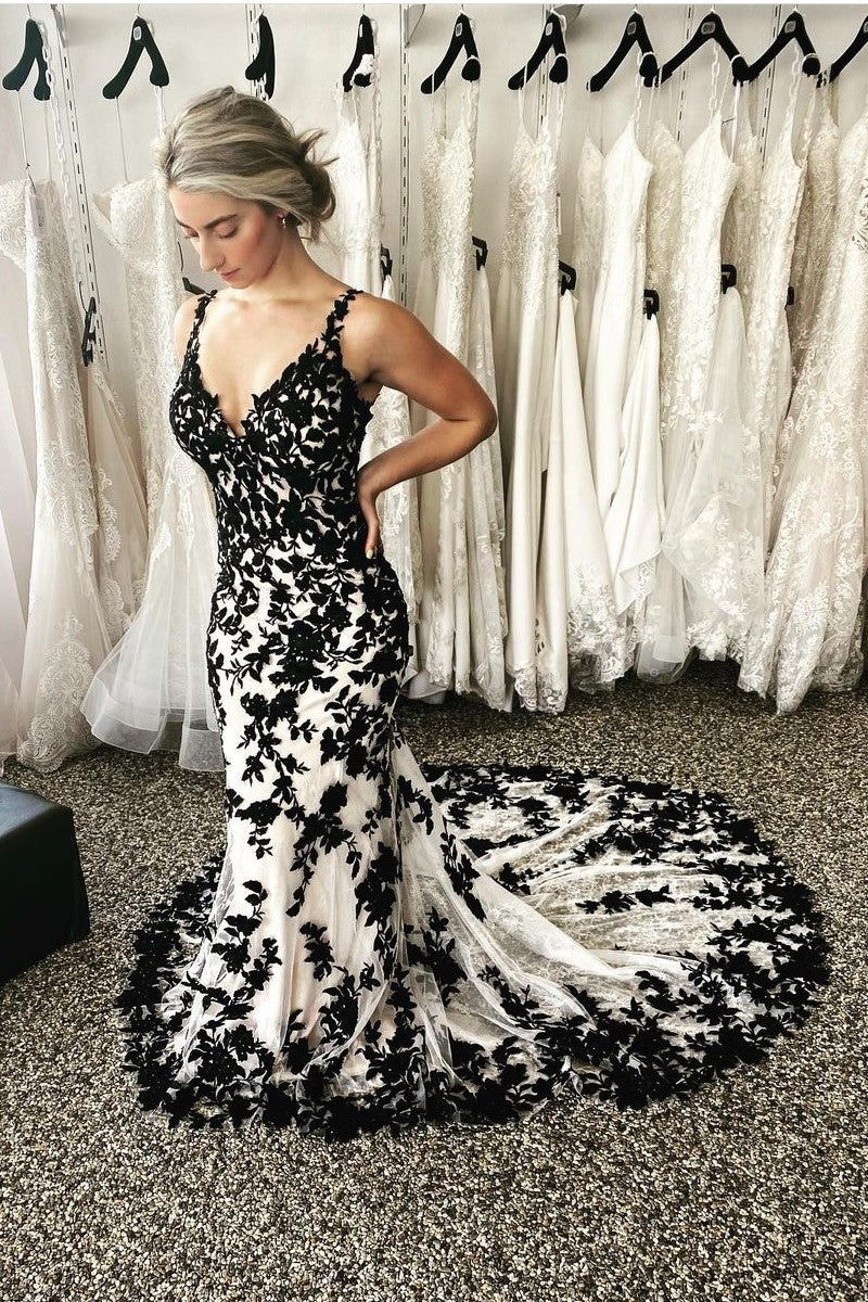 Mermaid Black White Wedding Dresses 2025 Lace Long Prom Dresses - MyChicDress