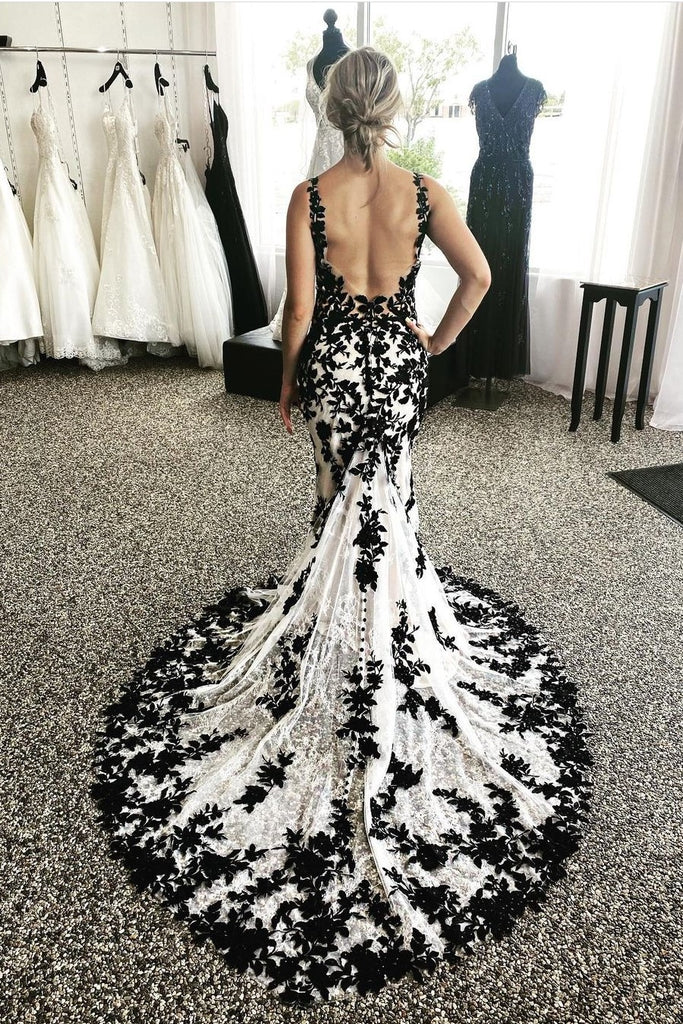 Mermaid Black White Wedding Dresses 2025 Lace Long Prom Dresses - MyChicDress