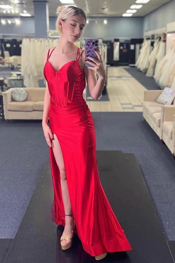  Mermaid Corset Wedding Guest Dress red Prom Dress With Slit