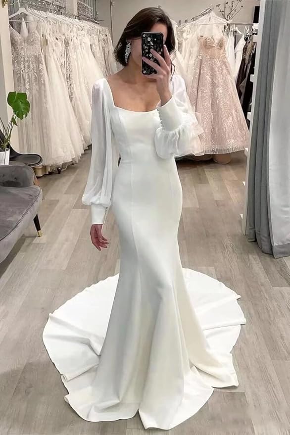 Mermaid Ivory Puffy Long Sleeves Minimalist Wedding Dresses Satin - MyChicDress