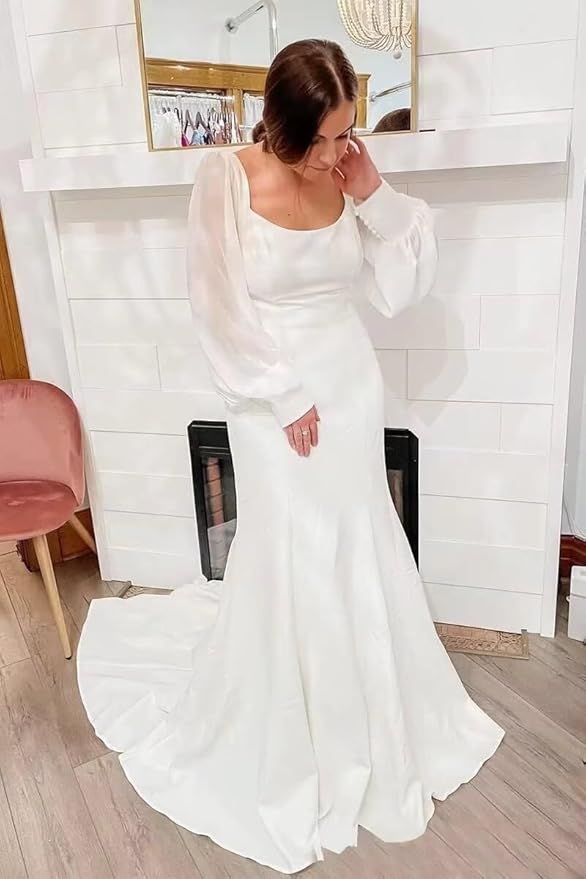 Mermaid Ivory Puffy Long Sleeves Minimalist Wedding Dresses Satin - MyChicDress