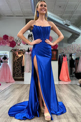 Mermaid Long Strapless Formal Dress Lace Satin Ruching with Slit - MyChicDress