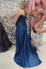 Mermaid Long Strapless Formal Dress  Lace Satin Ruching with Slit - MyChicDress