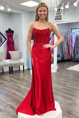 Mermaid Long Strapless Formal Dress 
Lace Satin Ruching with Slit - MyChicDress