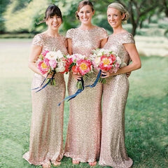 Metallic Rose Gold Bridesmaid Dress Sequin Wedding Guest Dresses with Sleeves - MyChicDress