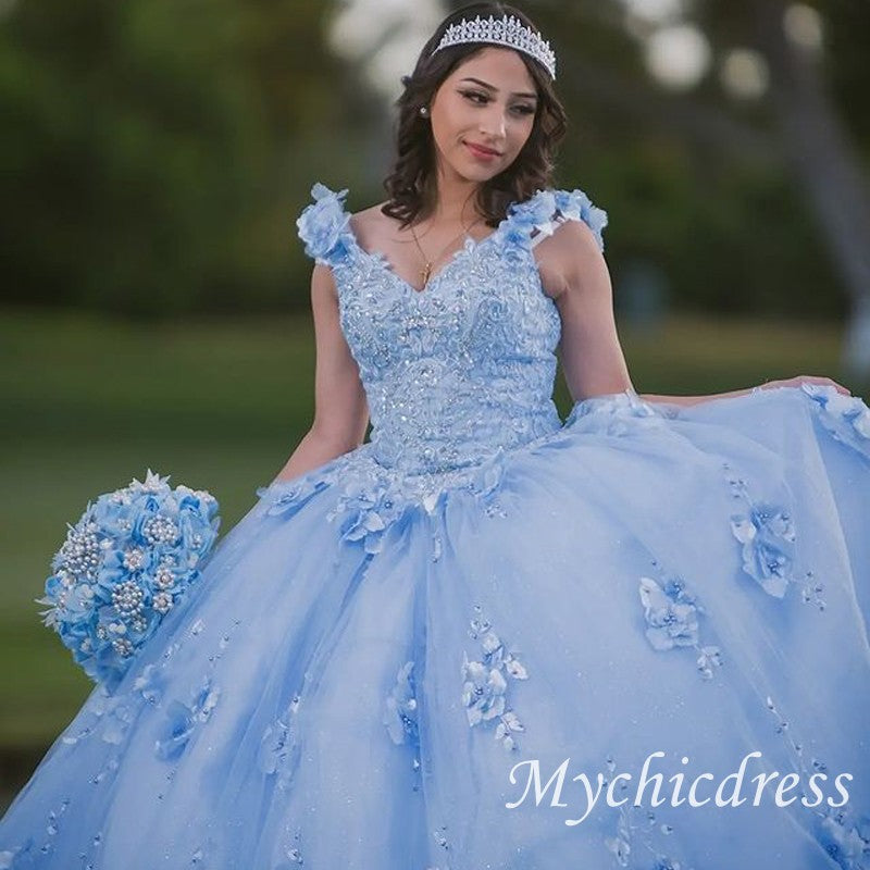 Mexican Sky Blue Quinceanera Dresses 3D Flower Appliques With Cape - MyChicDress