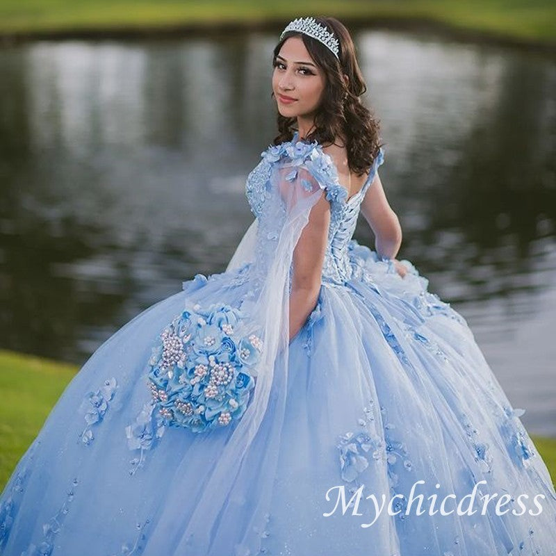 Mexican Sky Blue Quinceanera Dresses 3D Flower Appliques With Cape - MyChicDress