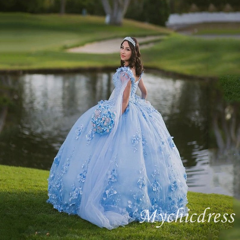 Mexican Sky Blue Quinceanera Dresses 3D Flower Appliques With Cape - MyChicDress