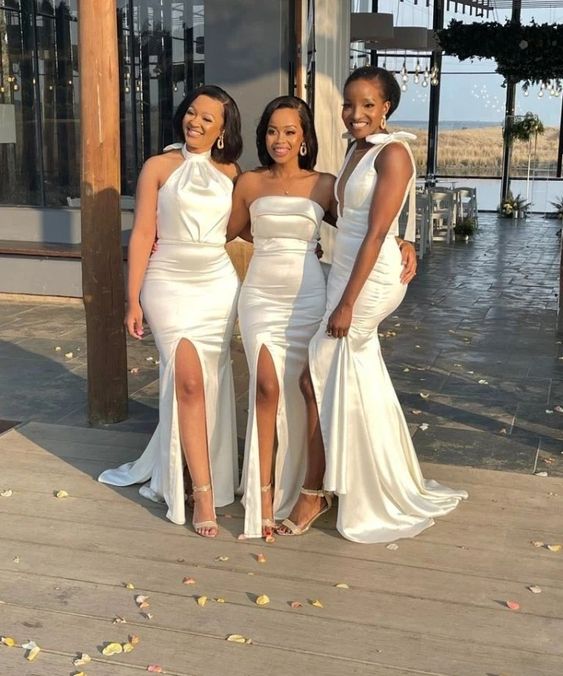 Mismatched White Stretch Satin Bridesmaid Dresses Mermaid with split