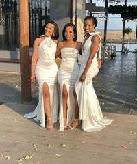 Mismatched White Stretch Satin Bridesmaid Dresses Mermaid with split