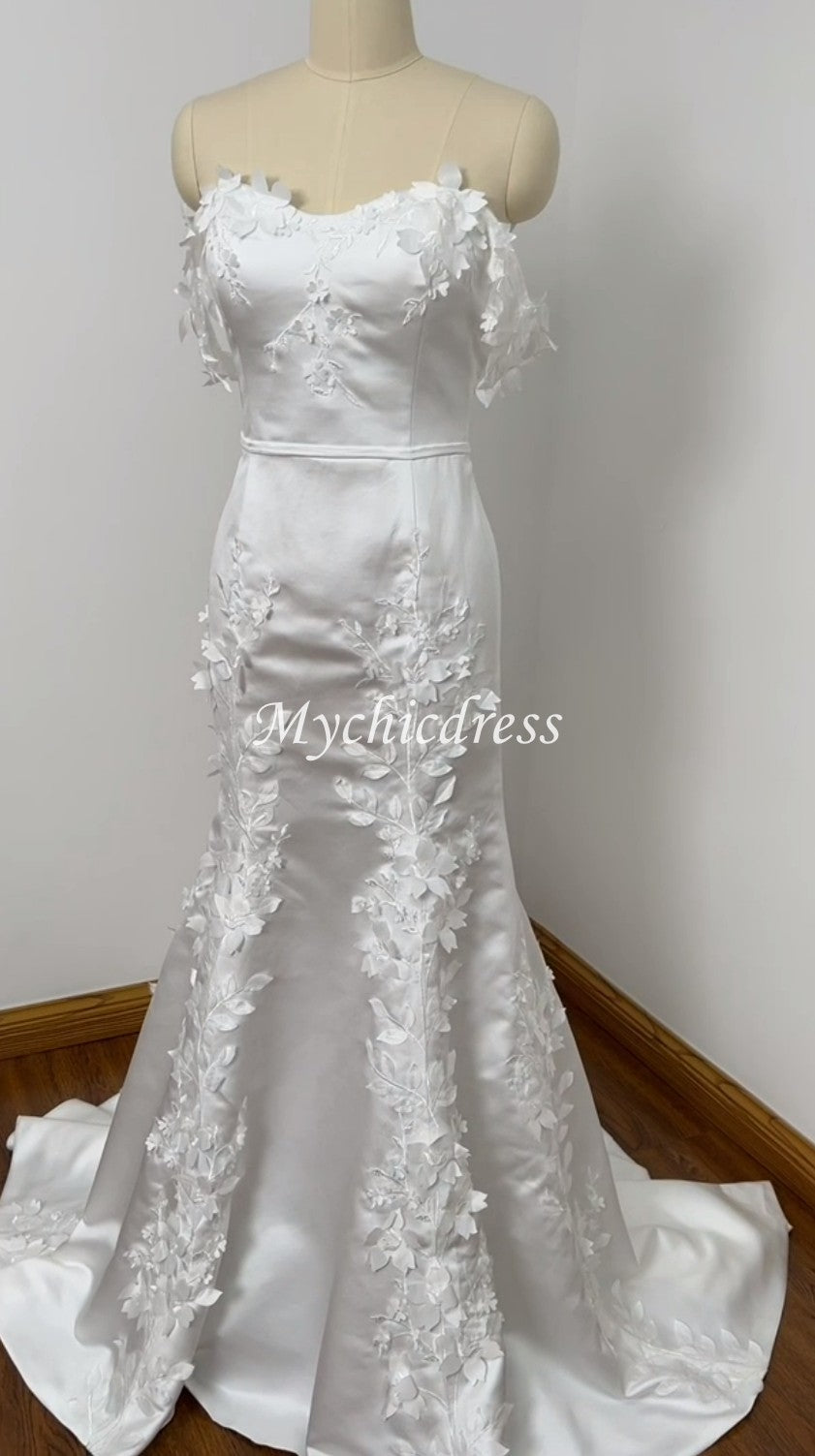 Modern 3D Floral Satin Wedding Dress Beach Off the Shoulder Bridal Dress - MyChicDress
