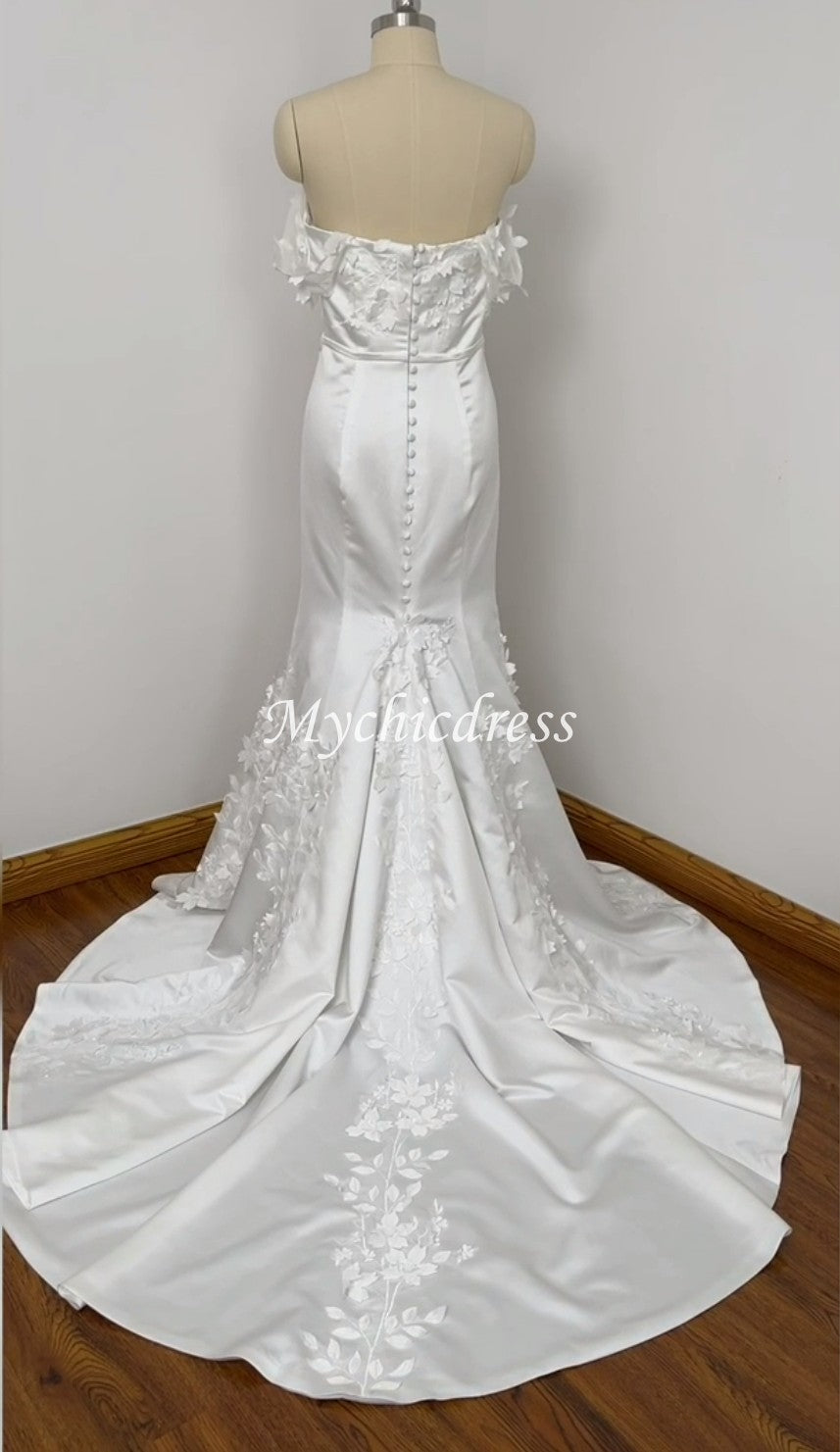 Modern 3D Floral Satin Wedding Dress Beach Off the Shoulder Bridal Dress - MyChicDress