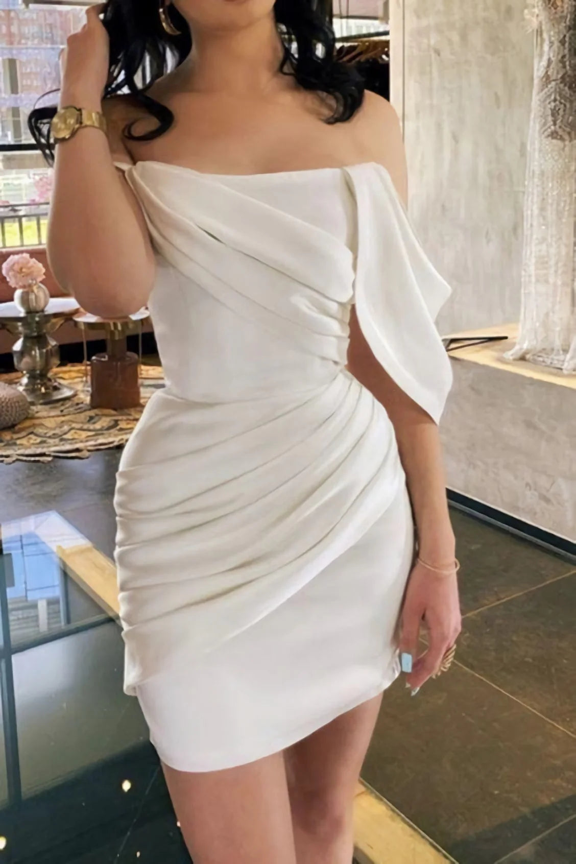 Modern Short Minimalist Wedding Dresses Satin Off The Shoulder - MyChicDress