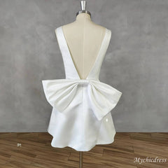 Modern Short Wedding Dress Satin V-Neck with Bow