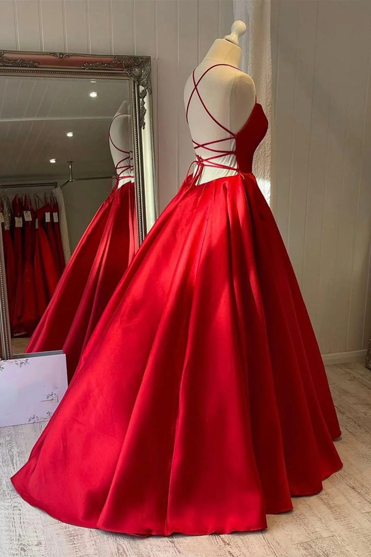 Modest Red Satin A Line Prom Dress Simple Backless Long Formal Dress - MyChicDress