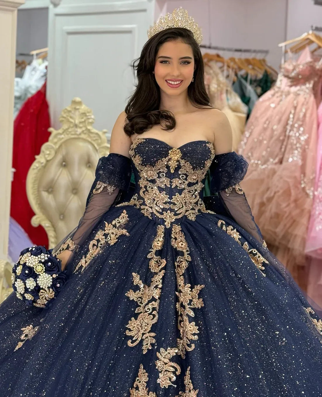 Navy Blue Quinceanera Dresses with Gold Appliqued Detachable Sleeves
