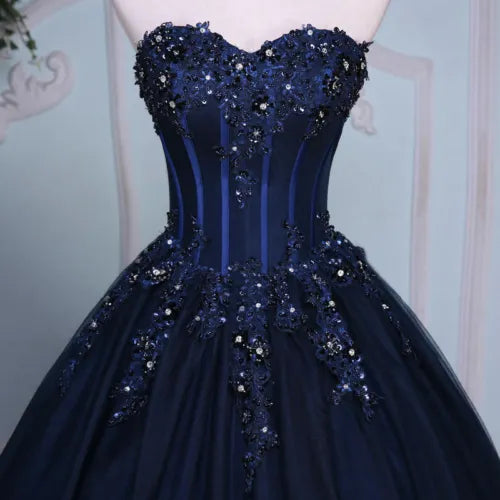 Navy Blue Quince Dresses Long Evening Dress Crystal Bead Applique - MyChicDress