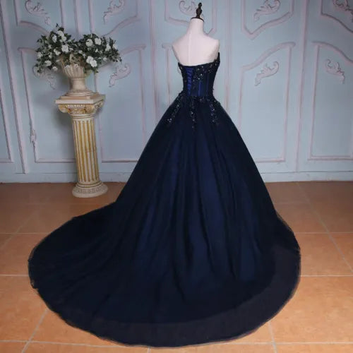 Navy Blue Quince Dresses Long Evening Dress Crystal Bead Applique - MyChicDress