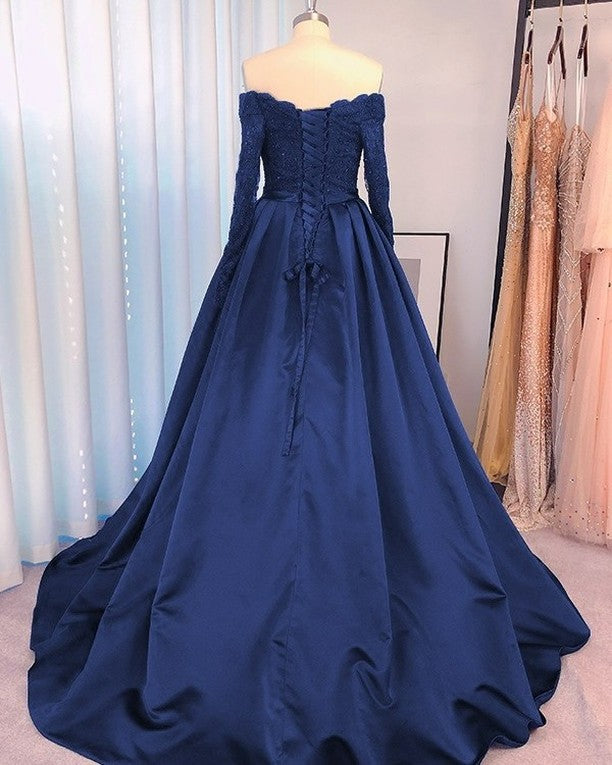Navy Blue Satin Quince Dresses Long Sleeves Plue Size Prom Dresses - MyChicDress