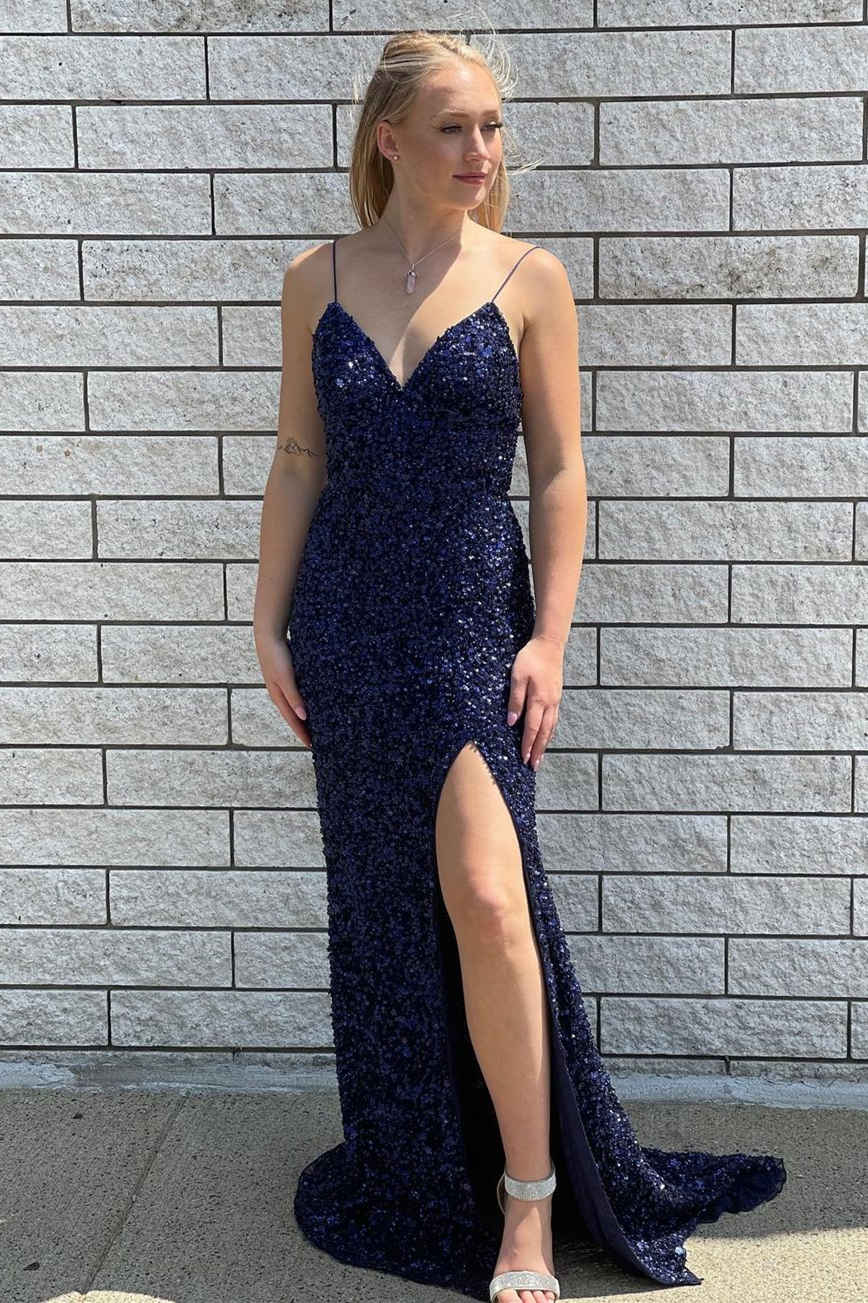 Navy Blue Sequined Prom Dress Long Evening Dress UK V-Neck Straps Slit