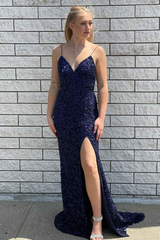 2025 Navy Blue Sequined Prom Dress Long Evening Dress UK V-Neck Straps Slit - MyChicDress