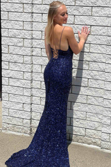 2025 Navy Blue Sequined Prom Dress Long Evening Dress UK V-Neck Straps Slit - MyChicDress