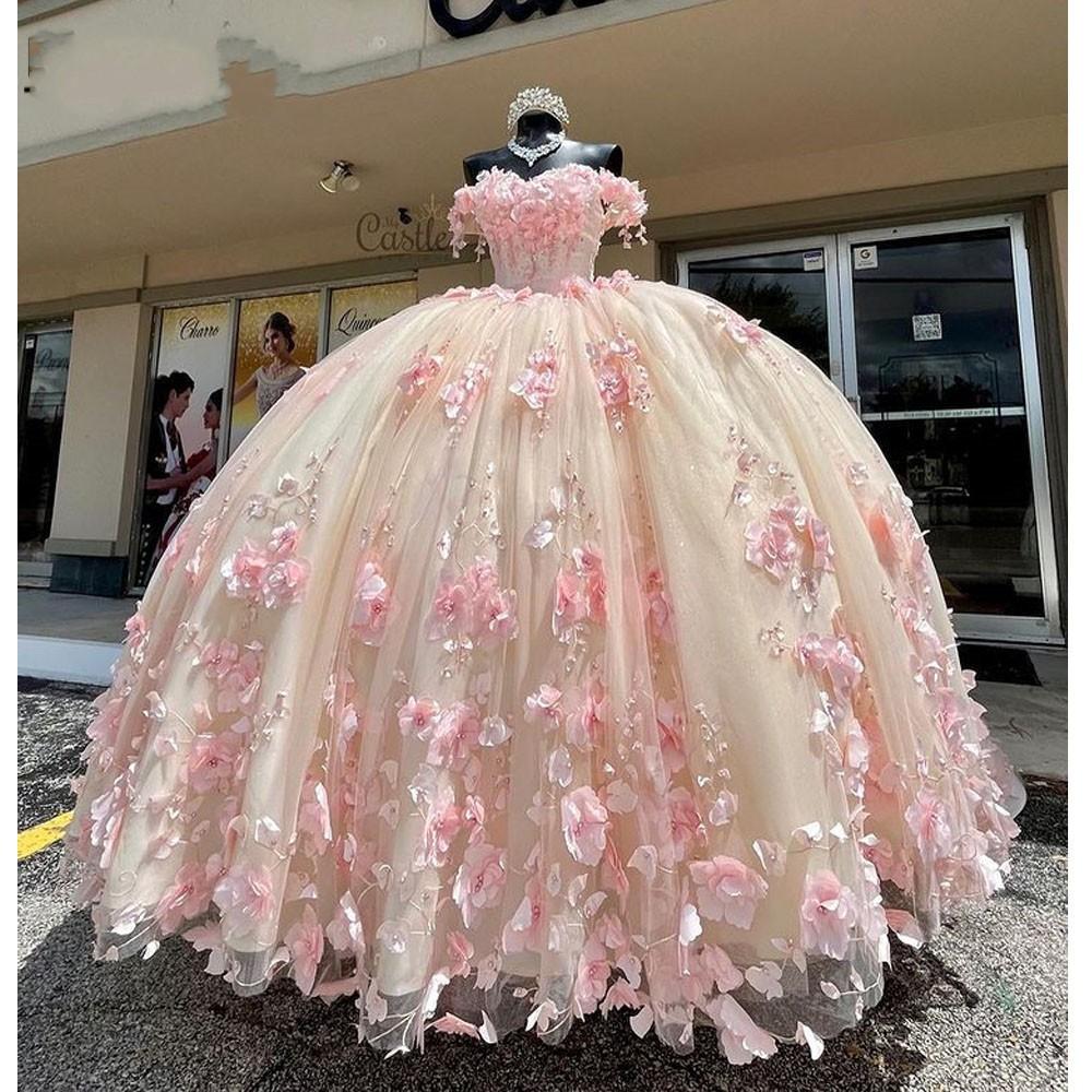 New 2024 Lace Pink Quinceanera Dress Off The Shoulder 3D Flowers Sweet 16 Dress MyChicDress