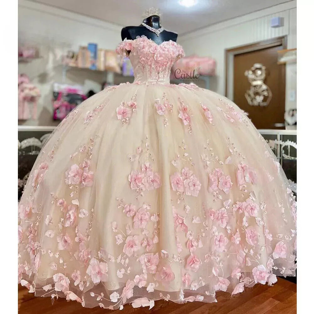 Novo vestido de quinceanera rosa de renda 2025 com ombros de fora e flores 3D para 16 anos