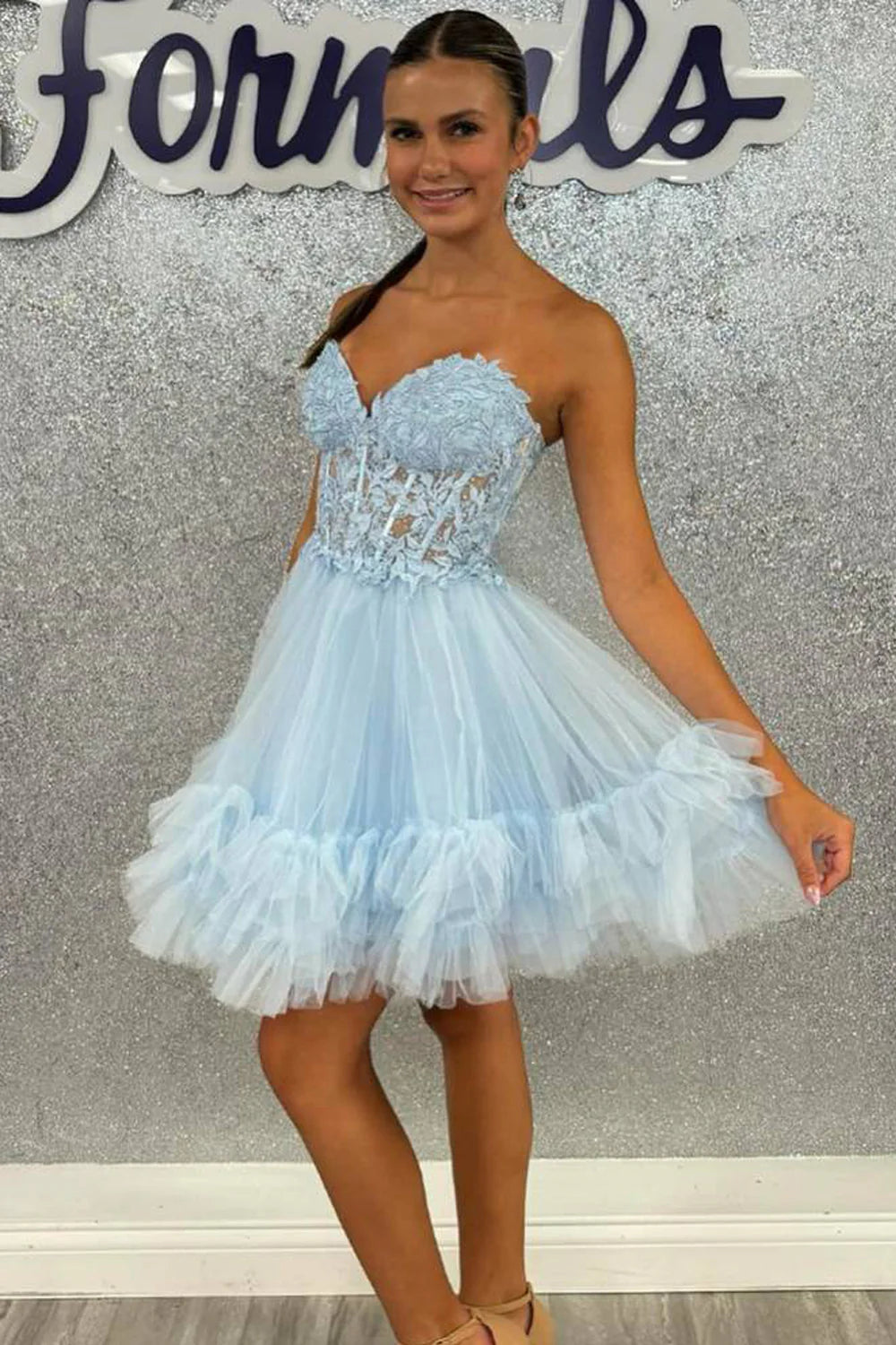 New A Line Lace Pink Homecoming Dresses with Ruffles Sweetheart