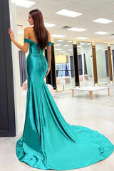 New Off-the-Shoulder Green Satin Evening Dress High Slit Corset Back MyChicDress