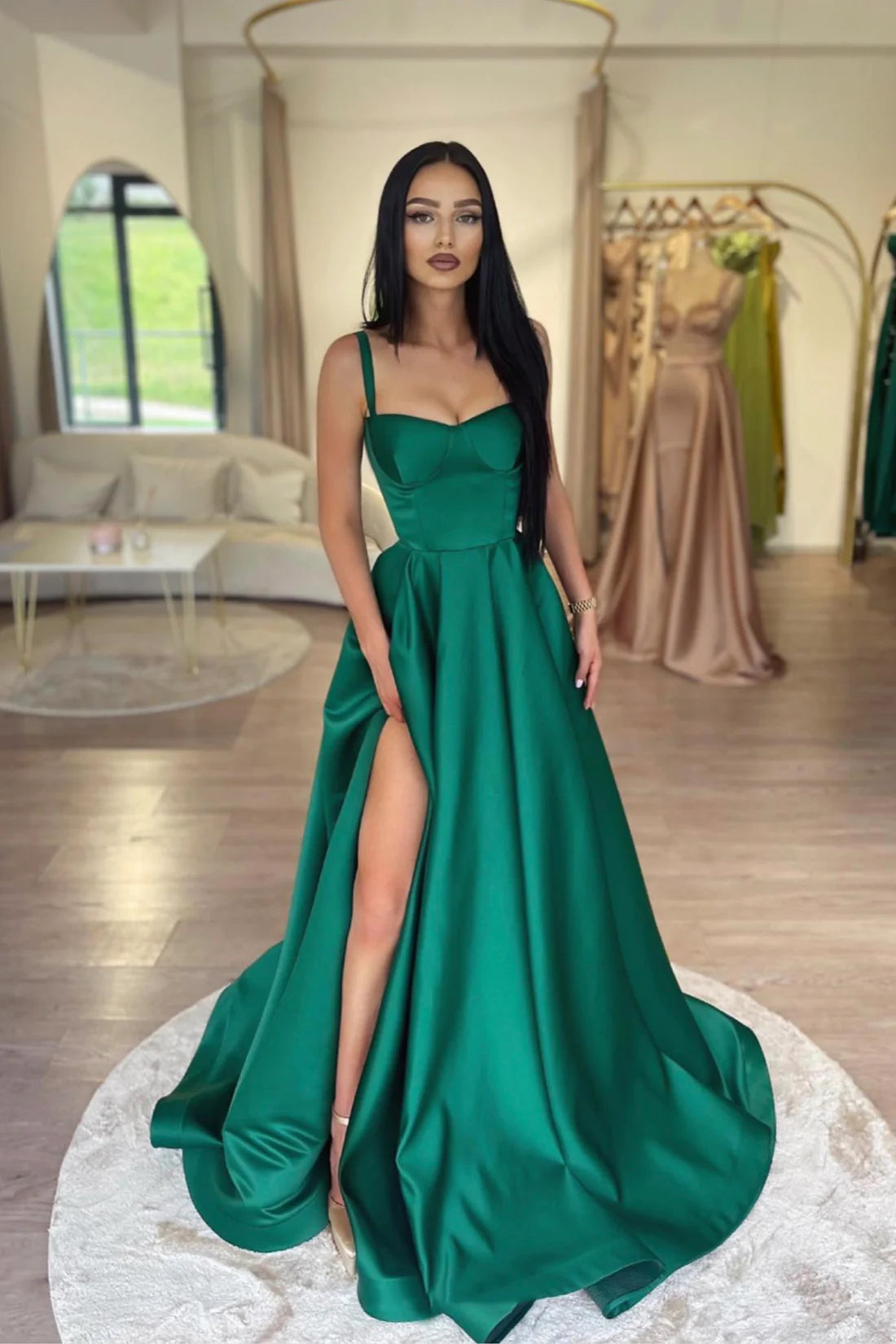 New Satin Emerald Green Prom Dress Long A-Line Evening Dresses MyChicDress