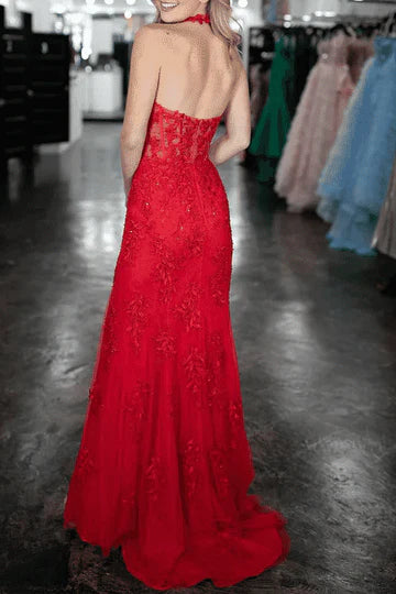 New Halter V-Neck Red Prom Dress Lace Appliques Mermaid with Slit - MyChicDress