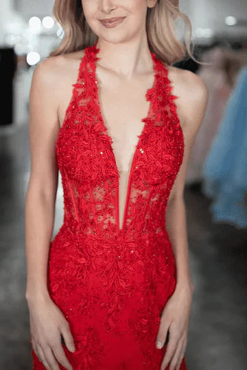 New Halter V-Neck Red Prom Dress Lace Appliques Mermaid with Slit - MyChicDress