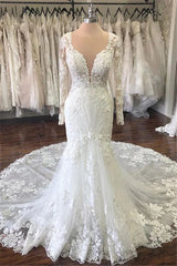 New Long Sleeve Lace Wedding Gown V-neck Mermaid Bridal Dress