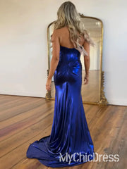 New Metallic Prom Dress Royal Blue Sweetheart Strapless With Side Slit