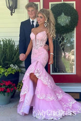 New Pink Tiered Lace Applique Prom Dresses V-Neck Mermaid