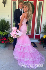 New Pink Tiered Lace Applique Prom Dresses V-Neck Mermaid