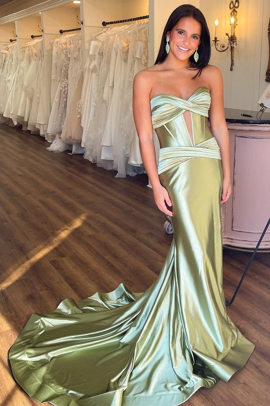 New Sage Green Prom Dress Satin Strapless Wedding Guest Dress Mermaid - MyChicDress