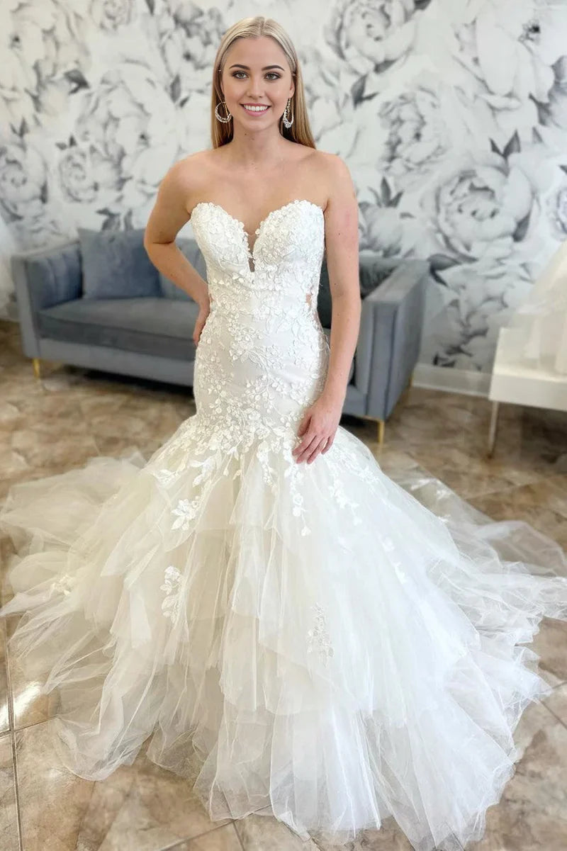 New Trumpet Mermaid Wedding Dress Appliques Lace Sweetheart