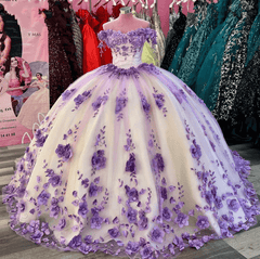 Off Shoulder 2024 Lilac Sweet 16 Dress 3D Flowers Corset Quinceanera Dresses MyChicDress