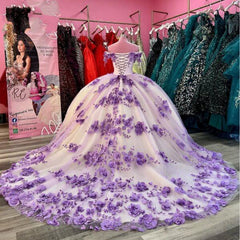 Off Shoulder 2024 Lilac Sweet 16 Dress 3D Flowers Corset Quinceanera Dresses MyChicDress