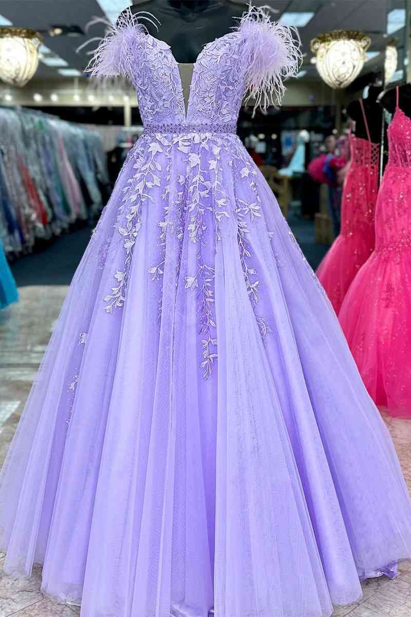 Vestidos de baile de renda roxa fora do ombro, vestido formal longo com decote em V e penas