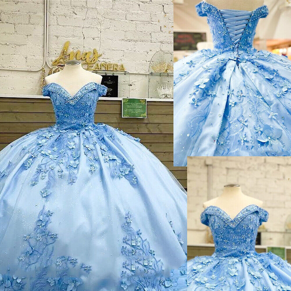 Off Shoulder Sweet 16 Dress Sky Blue Quinceanera Dresses Applique with 3D Flowers MyChicDress