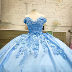 Off Shoulder Sweet 16 Dress Sky Blue Quinceanera Dresses Applique with 3D Flowers MyChicDress