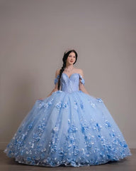 Vestido de marmelo azul royal borboleta fora do ombro flores 3D Vestidos XV Años