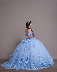 Vestido de marmelo azul royal borboleta fora do ombro flores 3D Vestidos XV Años