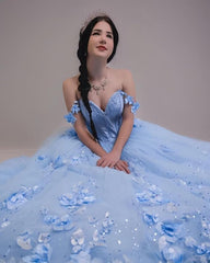 Vestido de marmelo azul royal borboleta fora do ombro flores 3D Vestidos XV Años
