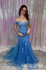 Off-Shoulder Blue Lace Prom Dresses Mermaid Appliques Tulle