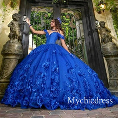 Off Shoulder Butterfly Royal Blue Quince Dress 3D Flowers Vestidos XV Años